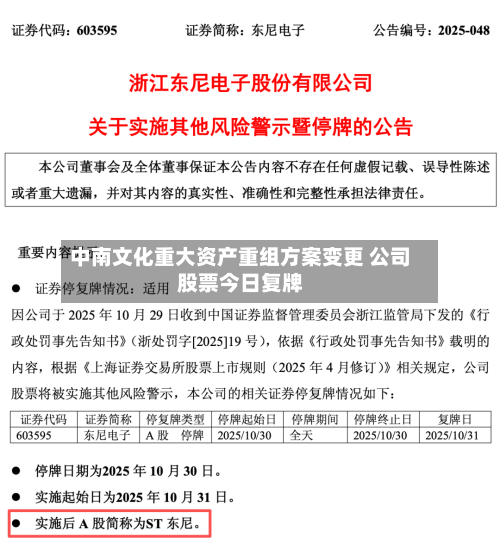 中南文化重大资产重组方案变更 公司股票今日复牌-第2张图片