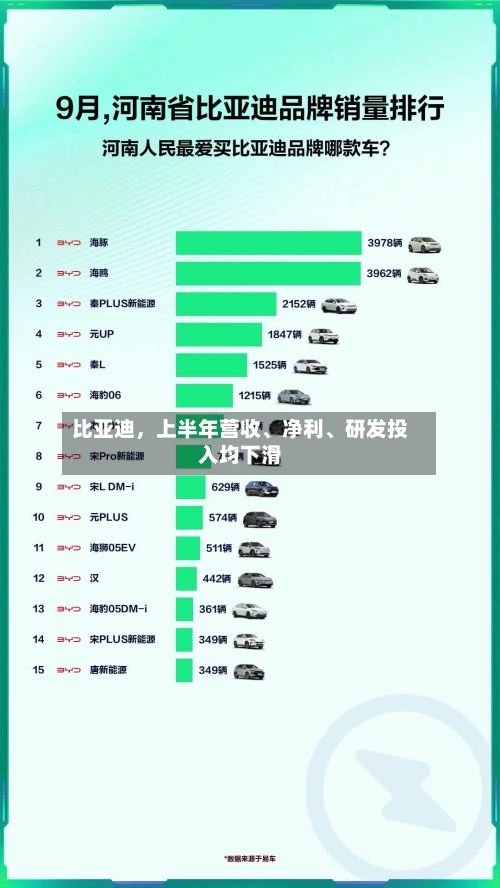 比亚迪，上半年营收、净利、研发投入均下滑
